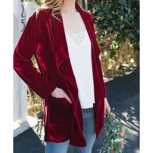 Amaryllis Wine Red Velour Open Front Boho Lightweight Cardigan Women’s Large